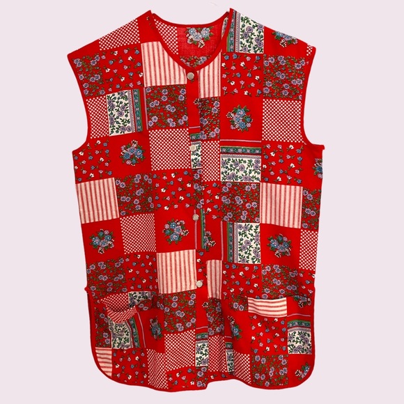 Vintage Tops - VTG Red Floral Farmcore Button Front Tank | S